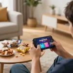 Mega888 Malaysia user engaging with mobile app, enjoying strategic gameplay in a cozy home setup.