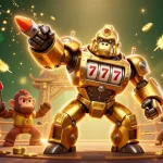 SUNWIN unleashes a golden gorilla mech amid swirling coins and vibrant gaming elements, elevating the casino experience.