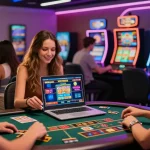 Engaging scene of players at scoarch.org.uk credit card casinos, showcasing lively gaming with laptops and bright machines.