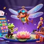 Spin to win with Slot88, featuring a dragonfly pilot and a frog croupier in this vibrant casino scene.