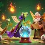 Engage with togel online through vibrant 3D illustration of fortune teller, library moth, and dynamic lottery elements.