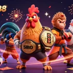 SBOBET88 sports betting experience illustrated with vibrant characters, a trophy, and festive decorations