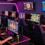 Players enjoying osaka88 slot games in a vibrant gaming lounge with neon lights and high-tech equipment.