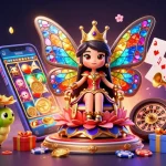 NAGA188 menghadirkan ilustrasi kasino dengan kuwen cantik bersayap kaca berwarna, penuh detail visual.