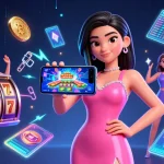 Engage with thrilling slot mahjong gameplay showcased by an elegant player in dynamic 3D digital art.