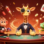 SUNWIN offers thrilling experiences as a cartoon giraffe, monkey, and chameleon celebrate in a vibrant casino atmosphere.