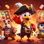 Togel online themed illustration with cartoon pirate captain, bulldog, and navigator amidst vibrant slot game elements.