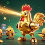 Engage with situs togel as vibrant 3D golden rooster robot beams winning patterns, surrounded by gaming elements.