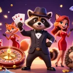 Experience the thrill of toto gameplay with a raccoon holding royal flush, amidst swirling casino elements.