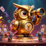 Engage with slot gacor maxwin through a vibrant 3D scene featuring a golden owl on a vault amidst dynamic casino elements.