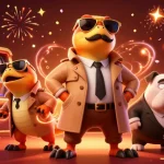 Engage with PG88's vibrant casino world featuring raptors in a trench coat entering a VIP lounge.