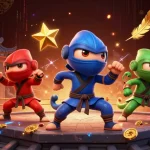 Engage in fun gaming with Raja Game as a team of colorful ninja chameleons showcase their skills amid dynamic casino elements.