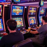 Players enjoying Bonus Buy slots at https://bbsfieldguide.org.uk/ casino, immersed in vibrant graphics and social atmosphere.
