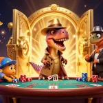 iwin velociraptor card counter at blackjack table with gold treasures and dynamic casino elements