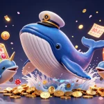 Experience thrilling slots with rice838 featuring a playful casino scene of a whale, narwhal, and dolphins.