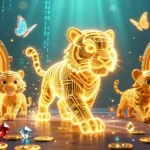 Explore jogos e bônus no b311, com tigres luminosos e cofres de tesouro em um cassino digital.