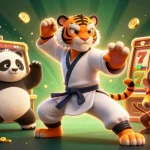 Engage in the thrilling 8XBET casino experience with colorful slot machines, featuring a playful scene of a kung fu tiger and panda.