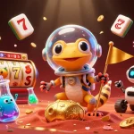 Engage with web slots in this vibrant 3D scene showcasing a Martian gecko uncovering a golden casino.