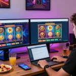 Engaging home gaming setup with enthusiast exploring new online slot sites, colorful visuals, and festive atmosphere.