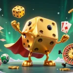 Situs togel dynamic illustration showing golden dice golem with lottery elements amidst sparkling coins.