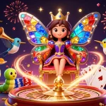 Engaging Baccarat scene with a vibrant butterfly queen and casino elements celebrating thrilling gameplay