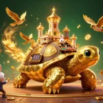 Permainan dipo4d menampilkan kura-kura emas dengan kasino mini yang berkilau di atasnya dan dealer kelinci di meja kartu.